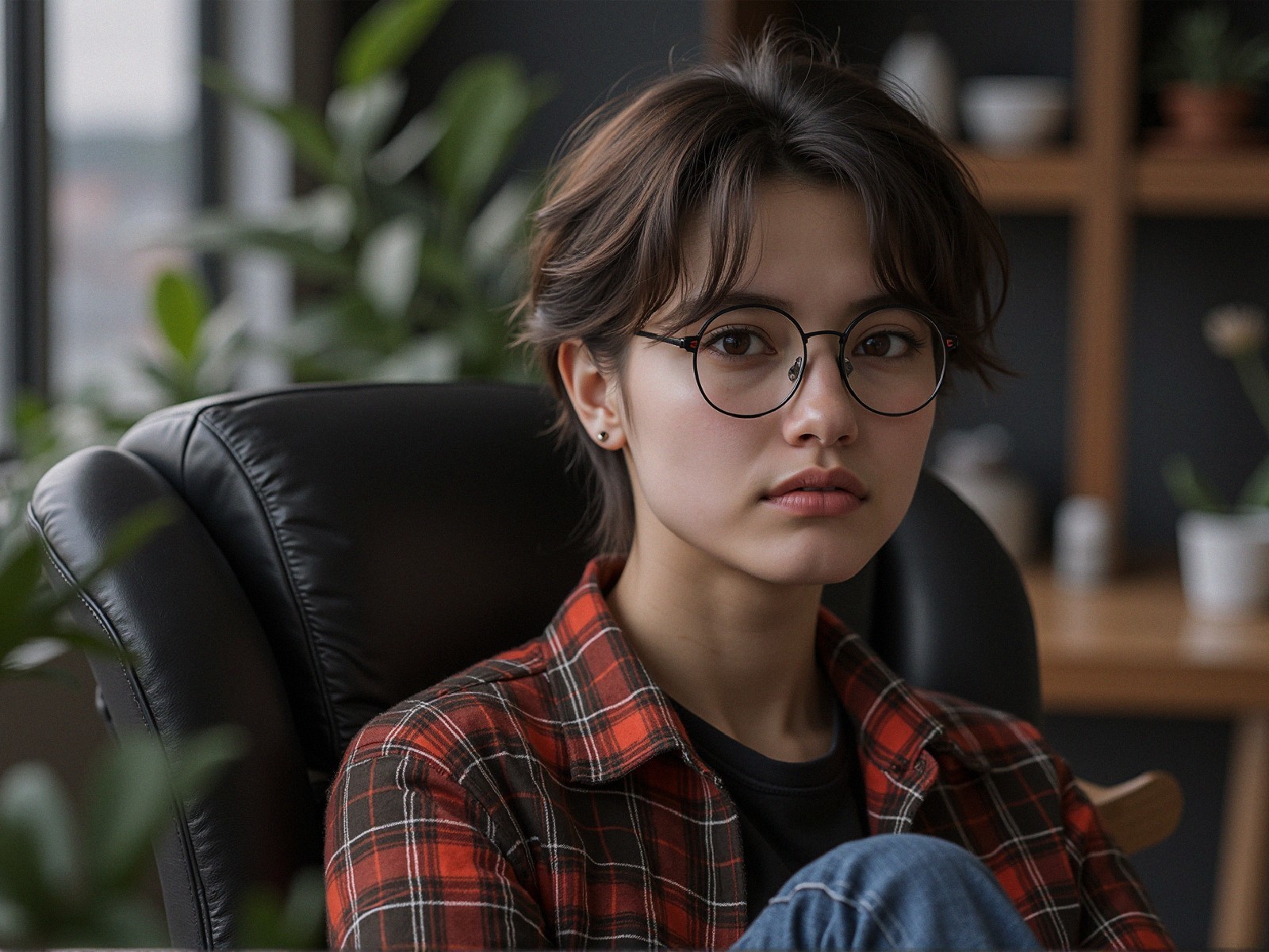 Young person in cozy room with greenery and glasses