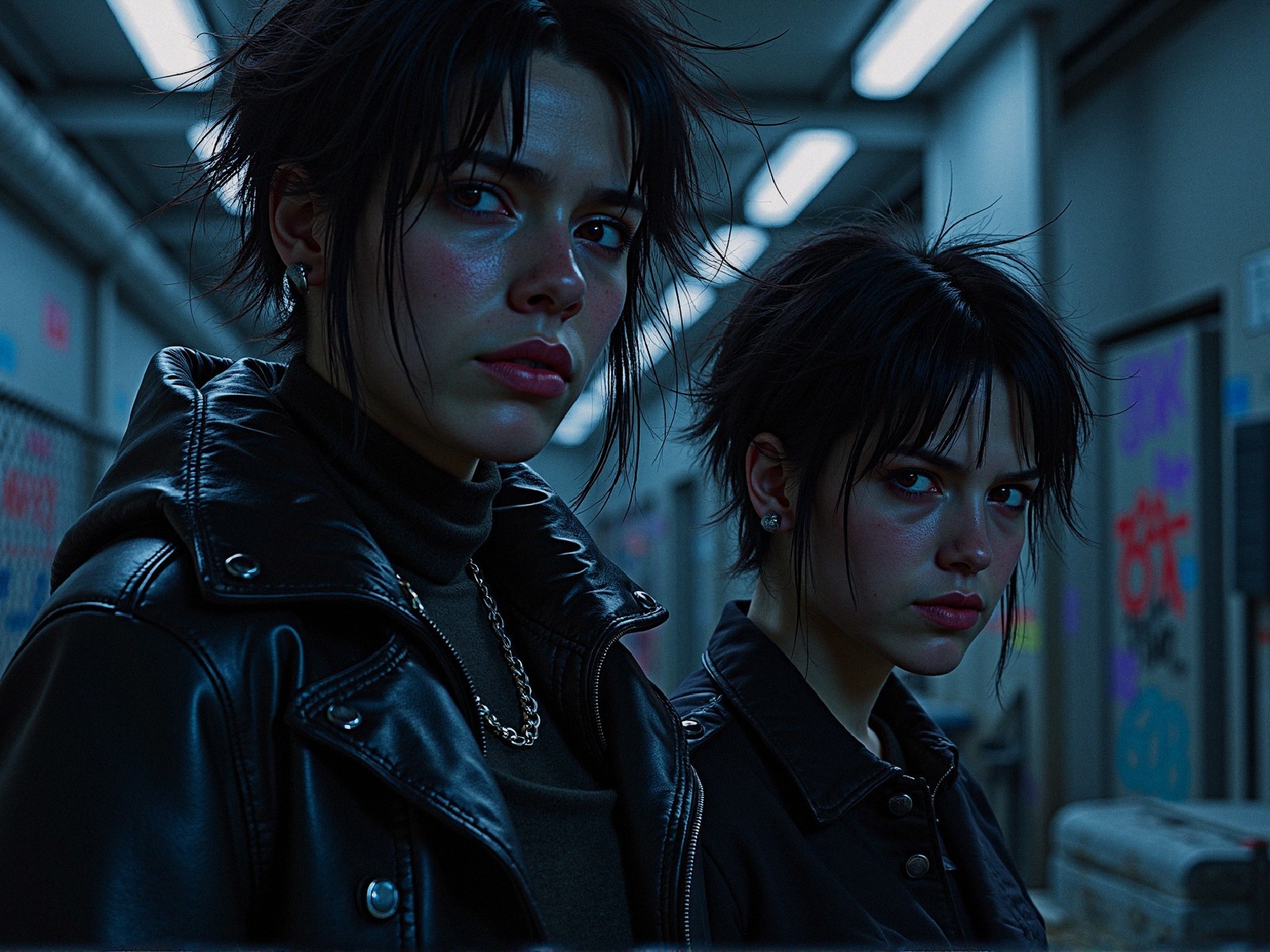 Young women in leather jackets in urban corridor
