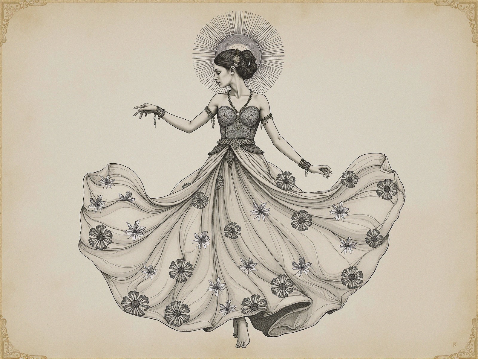 Elegant woman in floral gown with radiant halo design