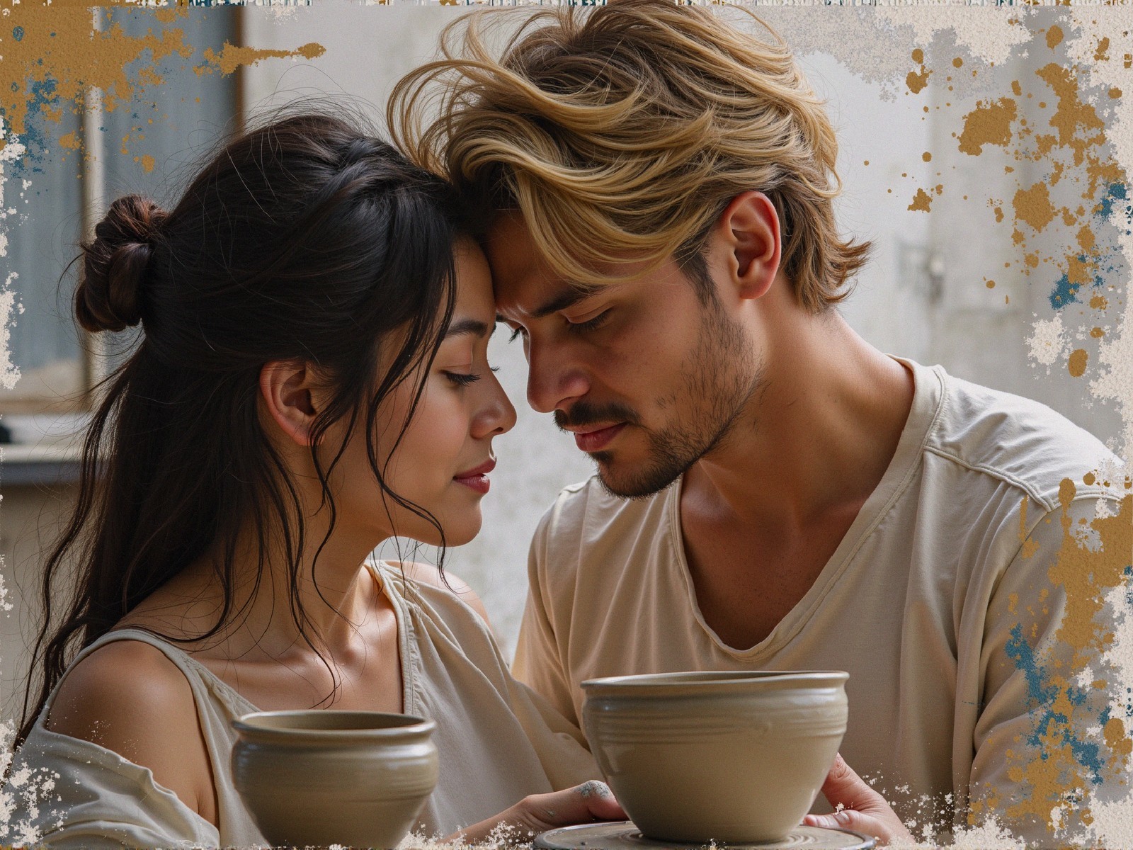 Couple Sharing Intimacy with Elegant Pottery Bowls