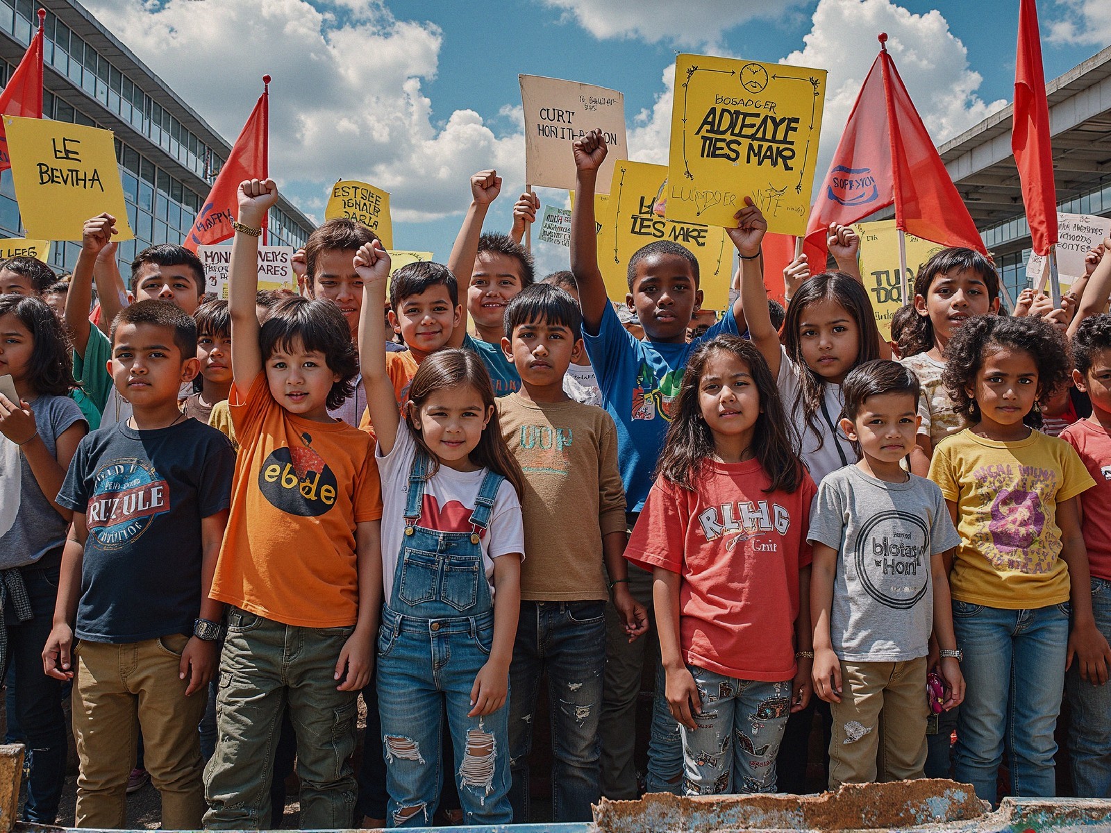 Children in Colorful Shirts Raise Fists in Unity