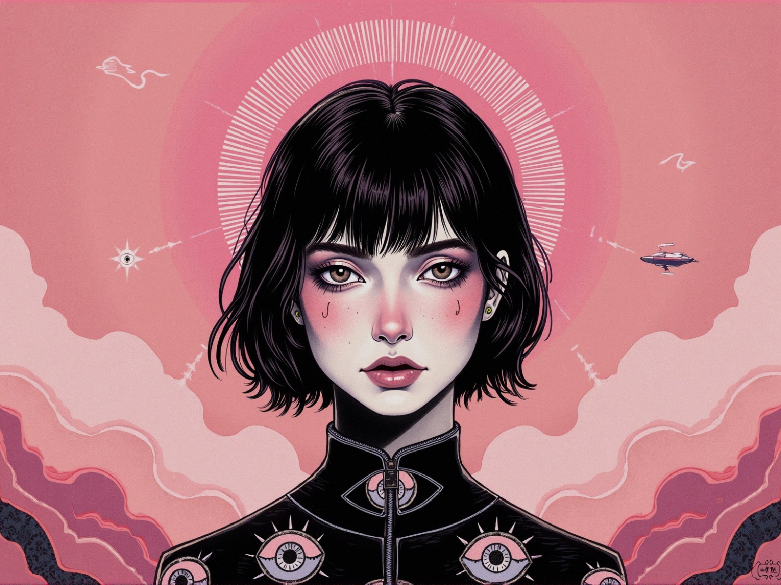 Stylized Female Figure with Mystical Background Elements