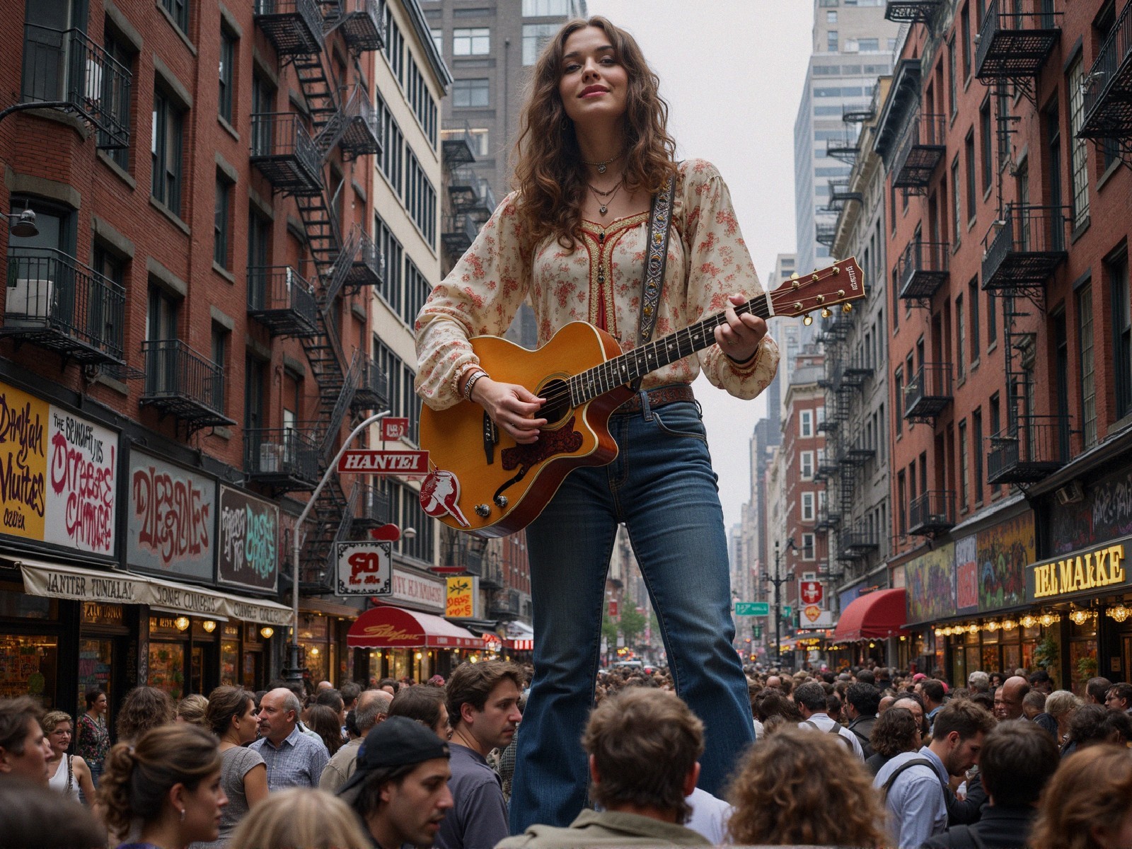 Young woman playing guitar in vibrant city scene
