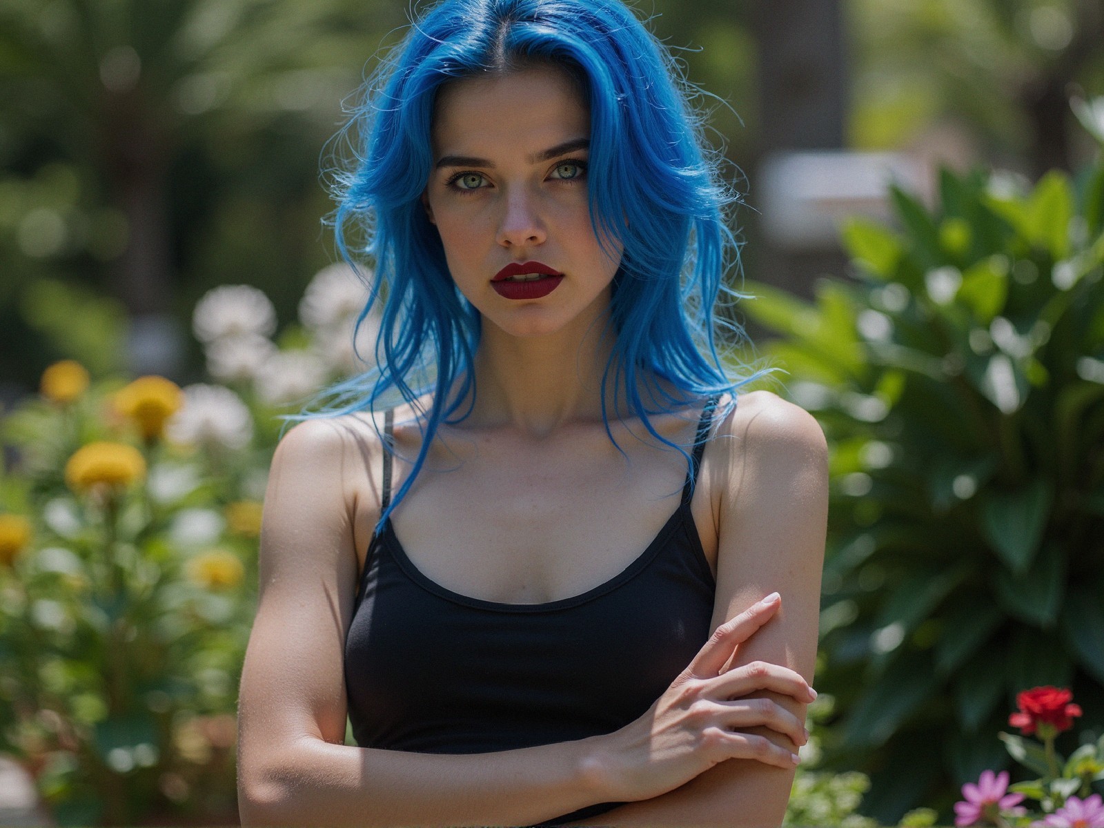 Young Woman with Blue Hair in a Colorful Garden