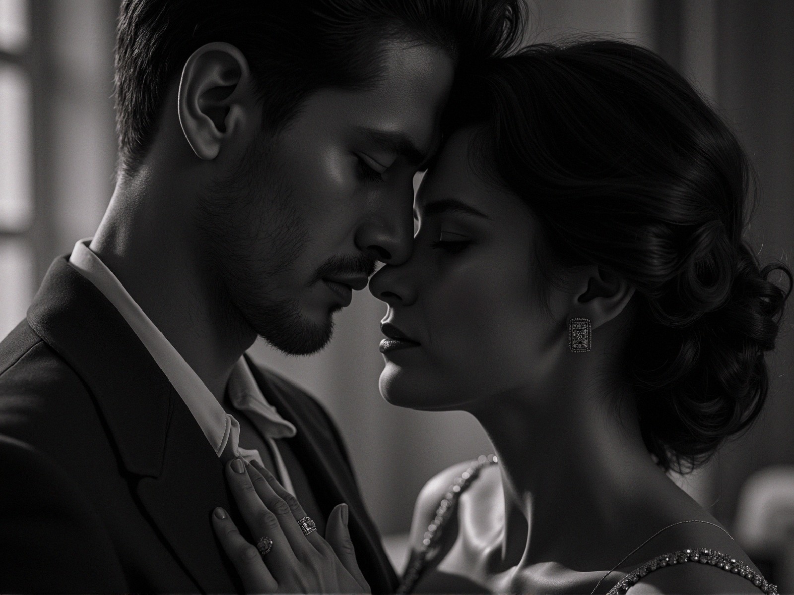 Black-and-white portrait of a couple in close embrace