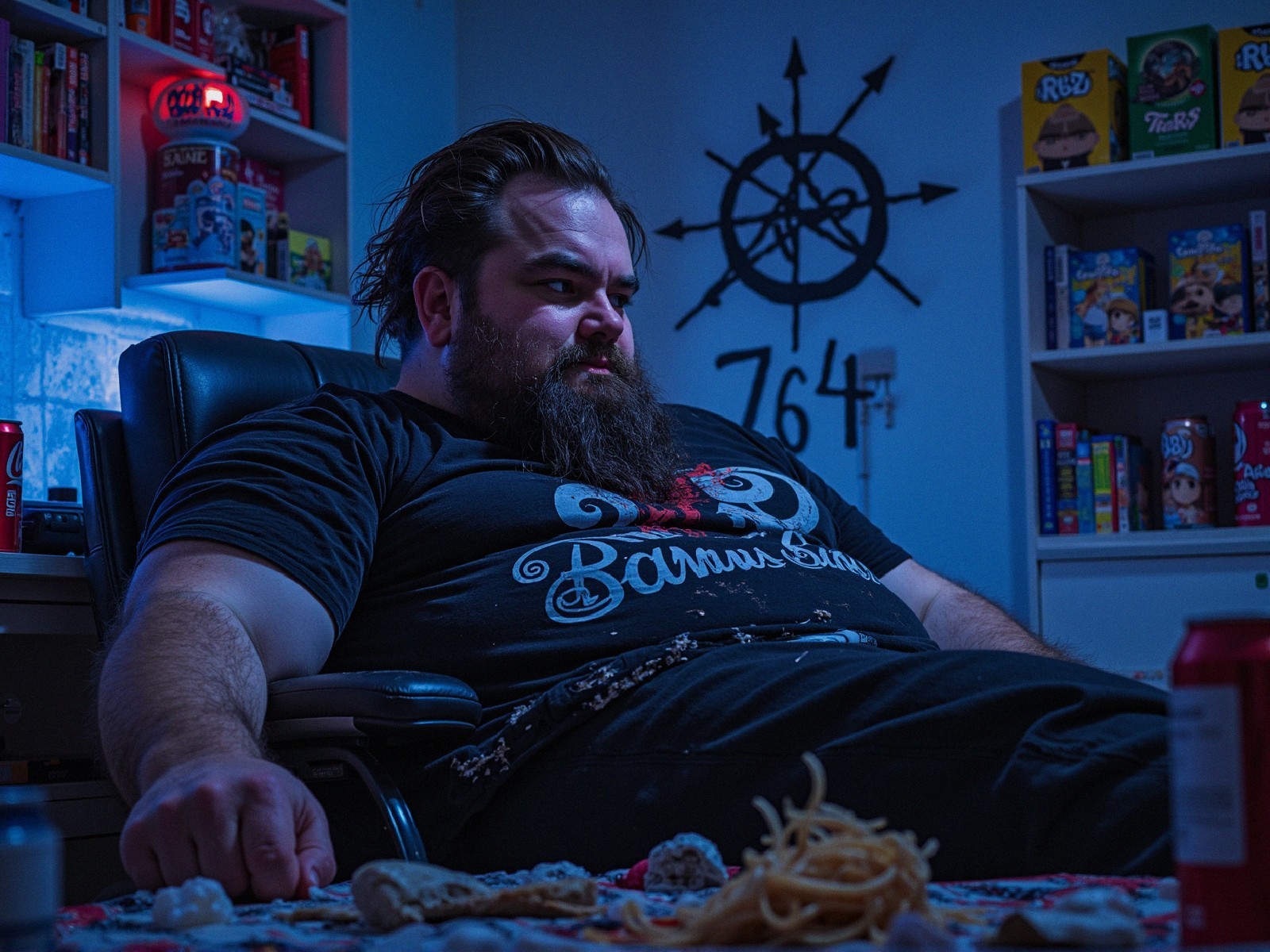 Man in Dark T-Shirt Surrounded by Food Items in Room