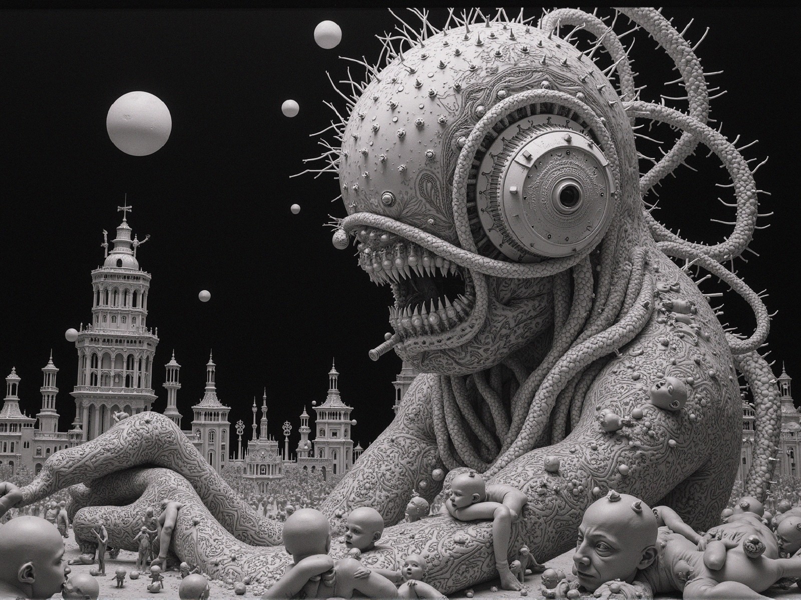 Surreal Monster with Bulbous Head in Eerie Cityscape