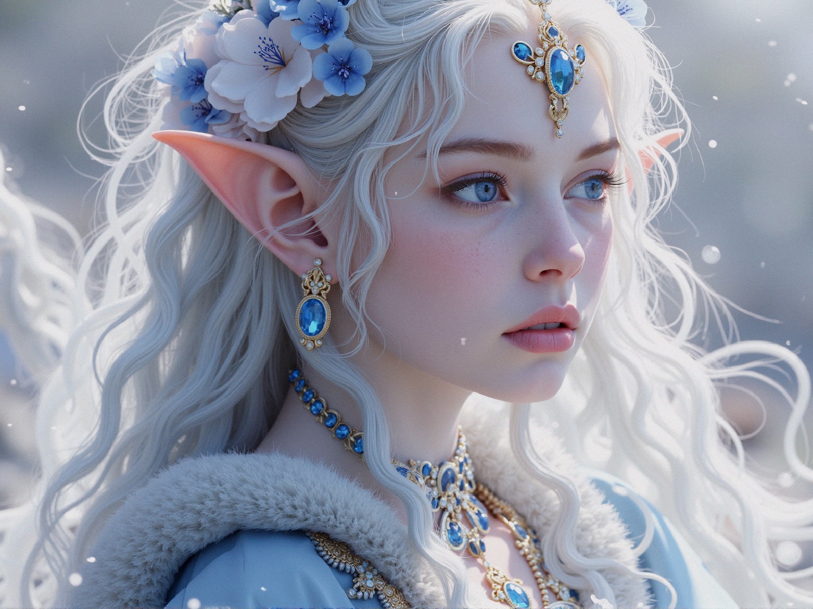 Mystical Figure with White Hair and Ethereal Attire