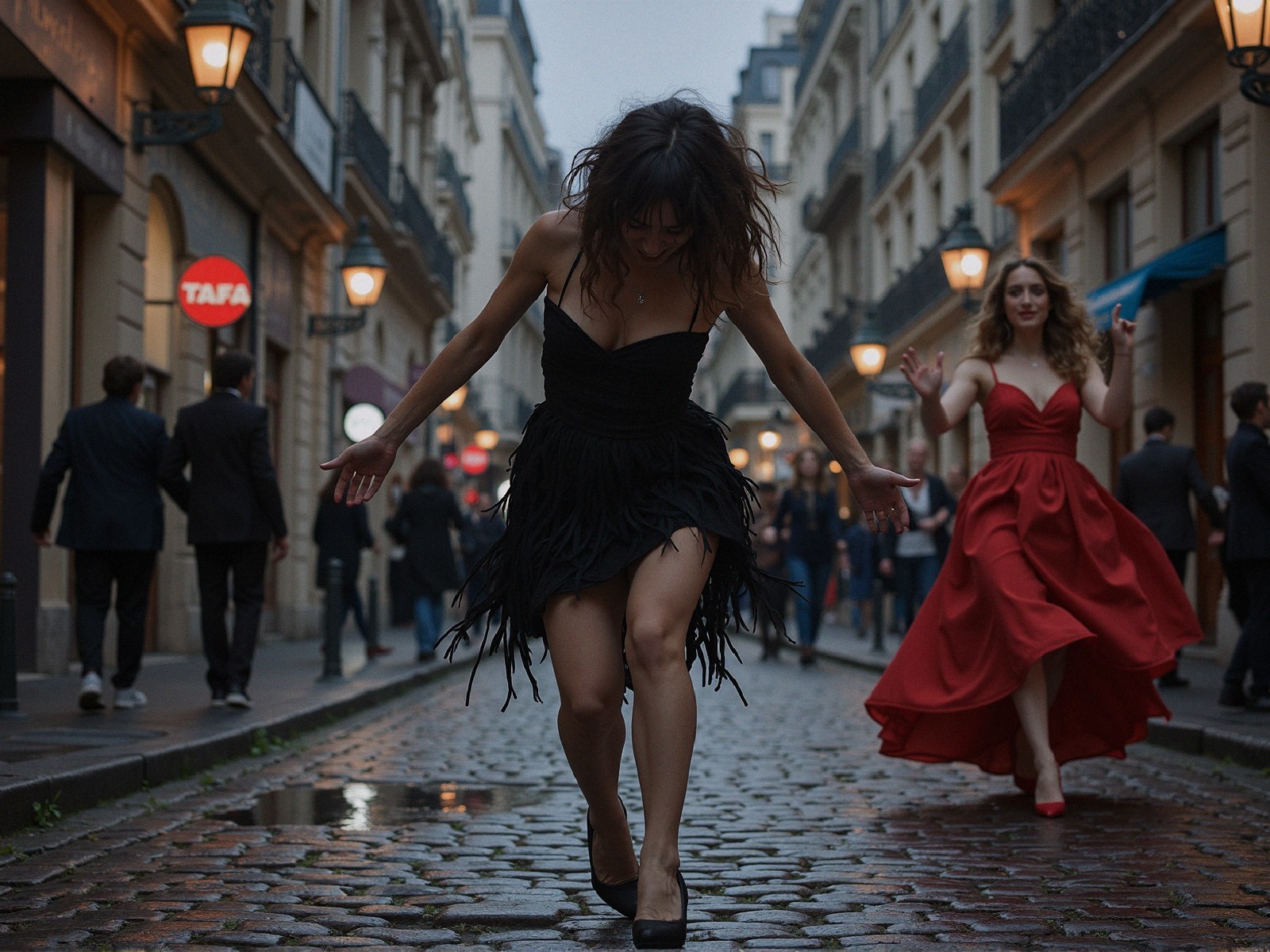 Stylish Women in Elegant Attire on Cobblestone Street