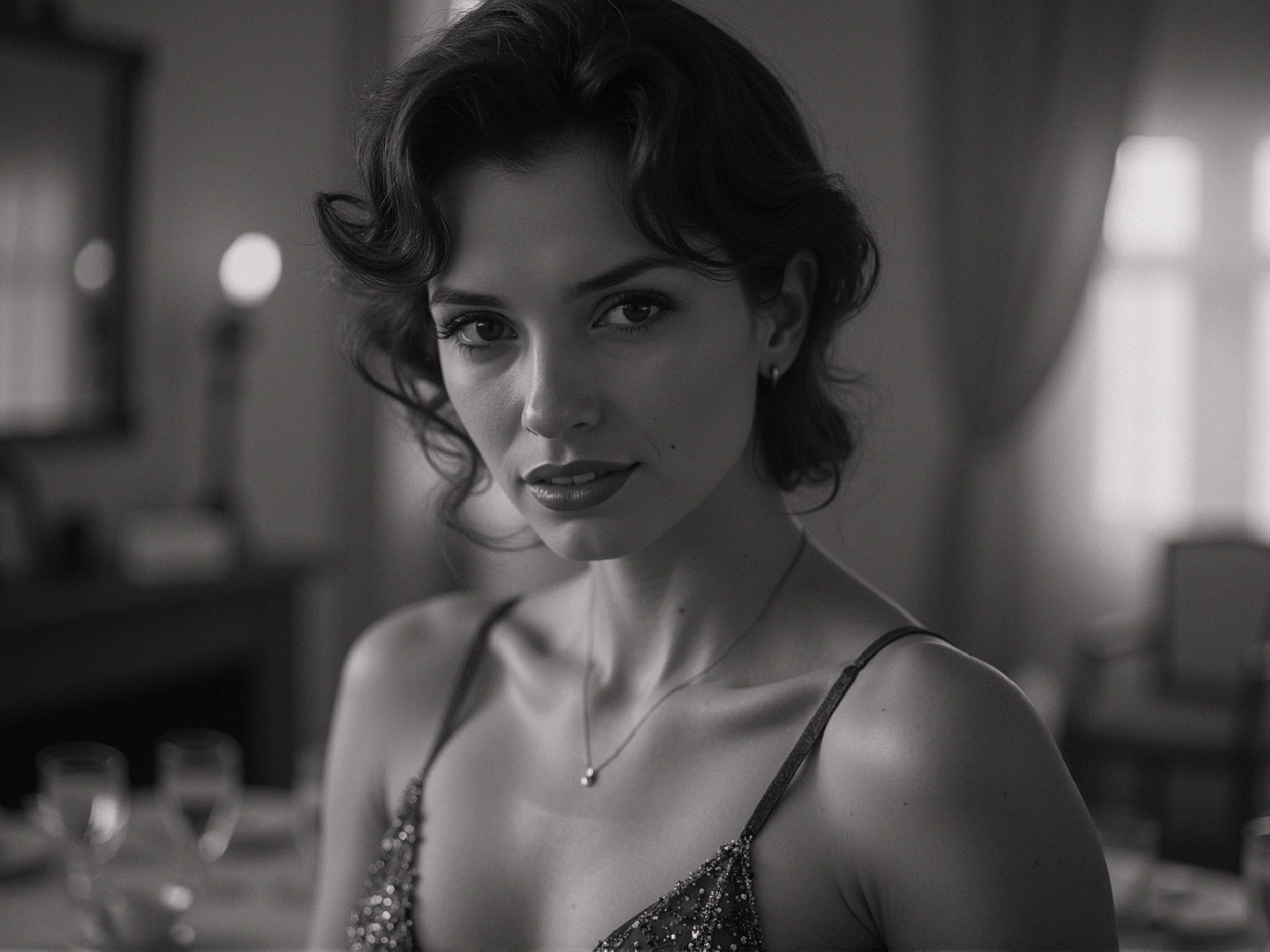 Black-and-white portrait of a glamorous woman