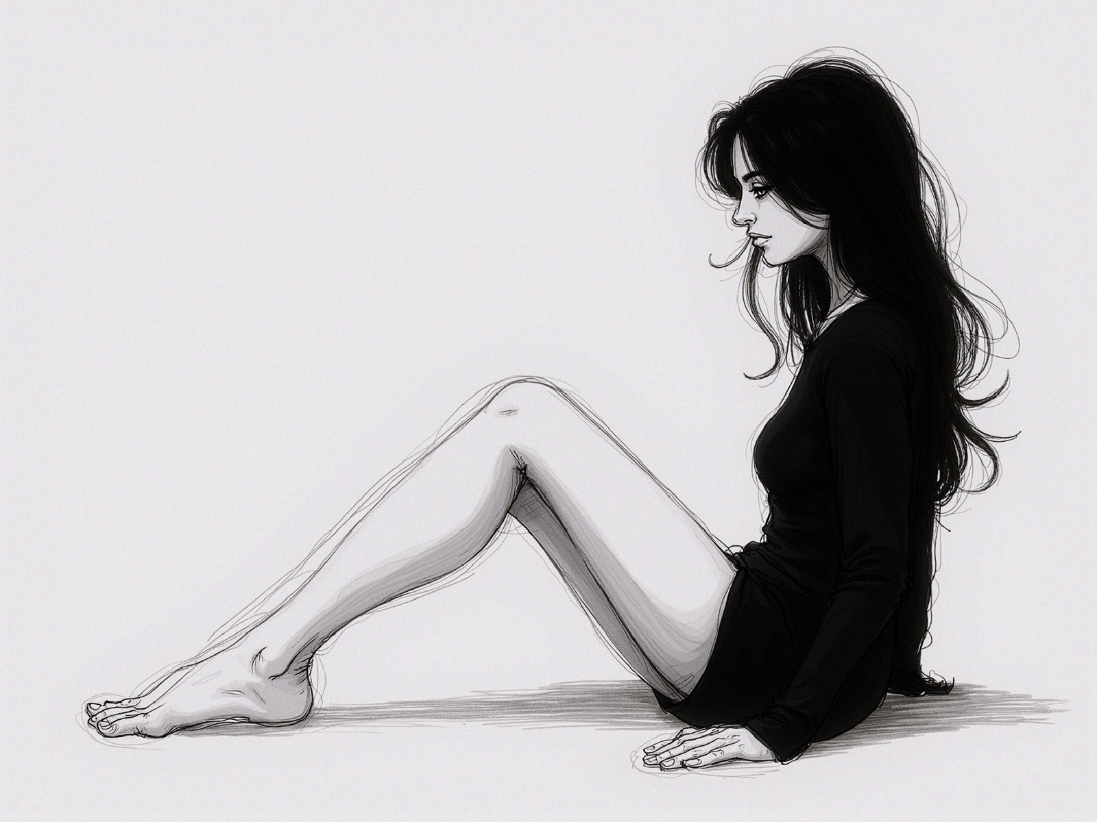 Monochromatic Sketch of a Contemplative Young Woman