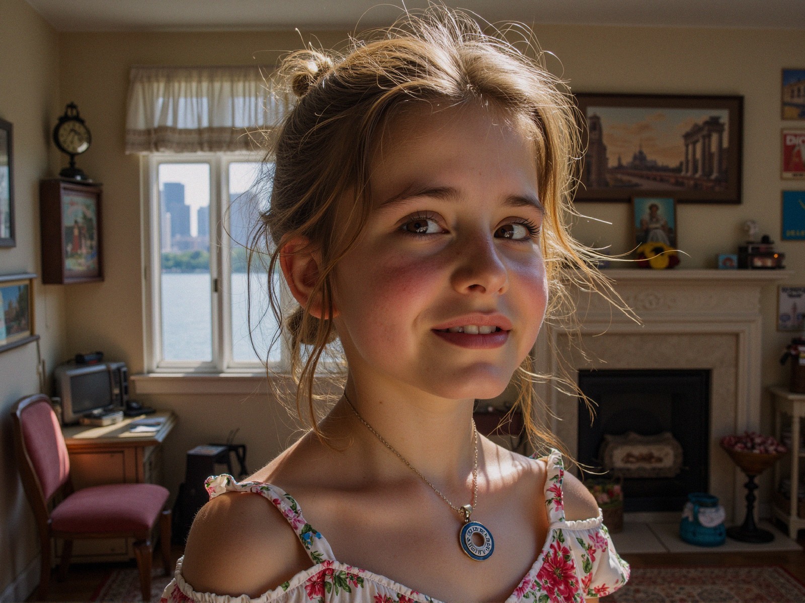 Little Girl in Floral Dress Smiling in Sunlit Room