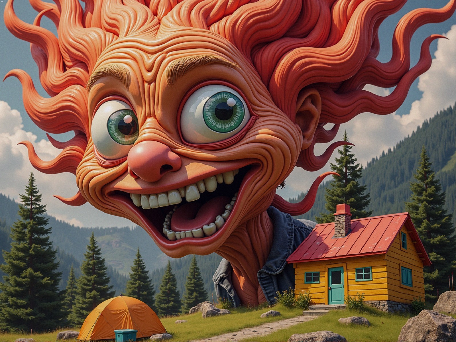 Whimsical Landscape with Giant Character and Cottage
