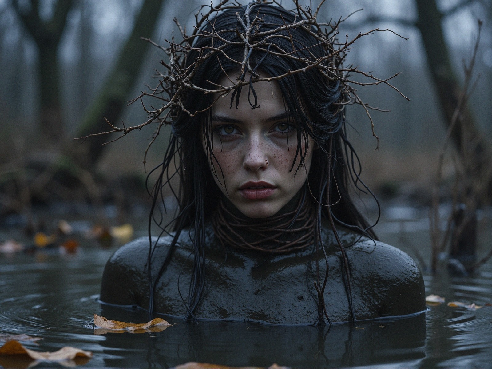 Young Woman in Ethereal Forest with Natural Crown