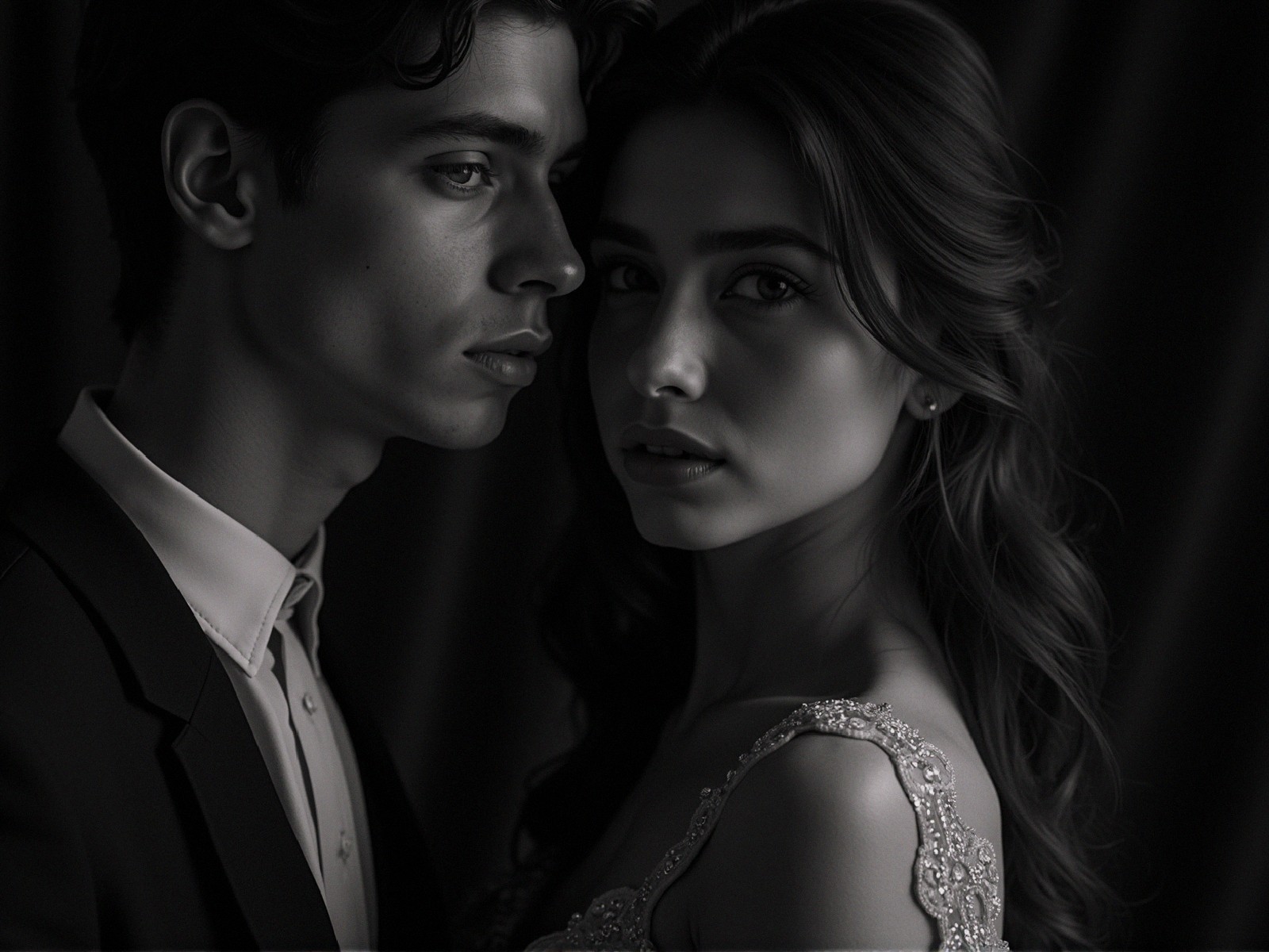 Black-and-white portrait of an intimate couple