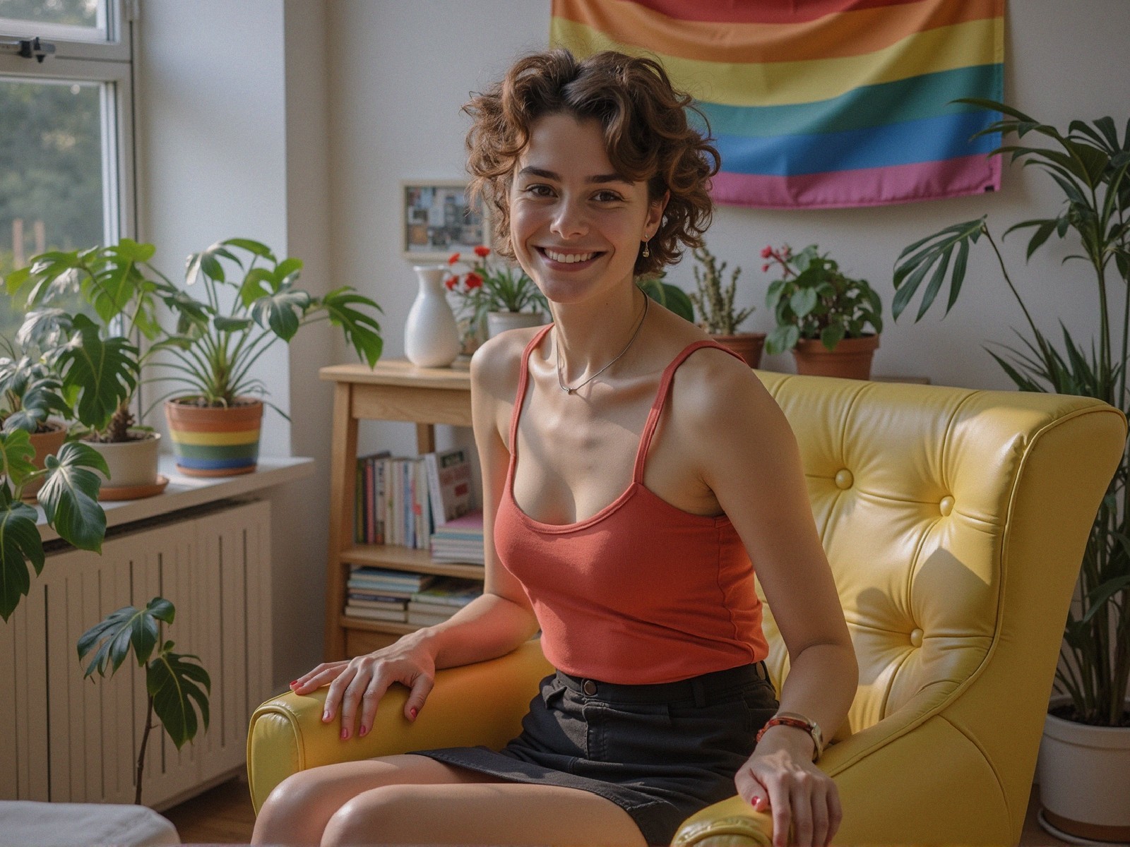 Young woman in bright chair with plants and rainbow flag