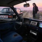 Sunset Scene of Woman Exiting Car with Gas Can
