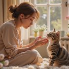 Young woman and kitten in serene, sunlit setting