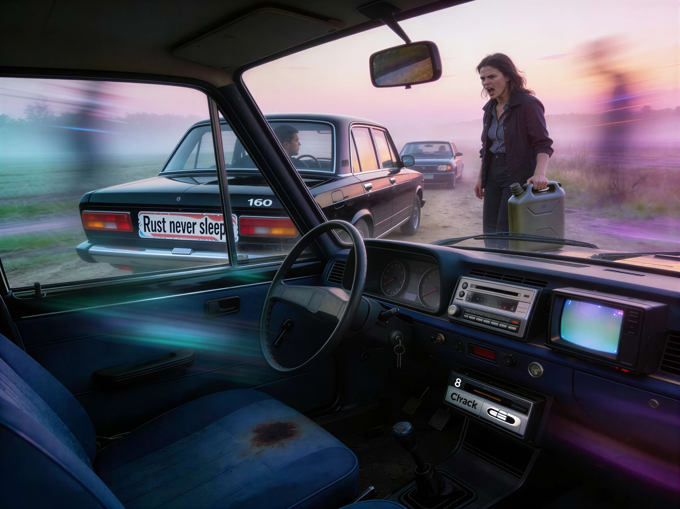 Sunset Scene of Woman Exiting Car with Gas Can