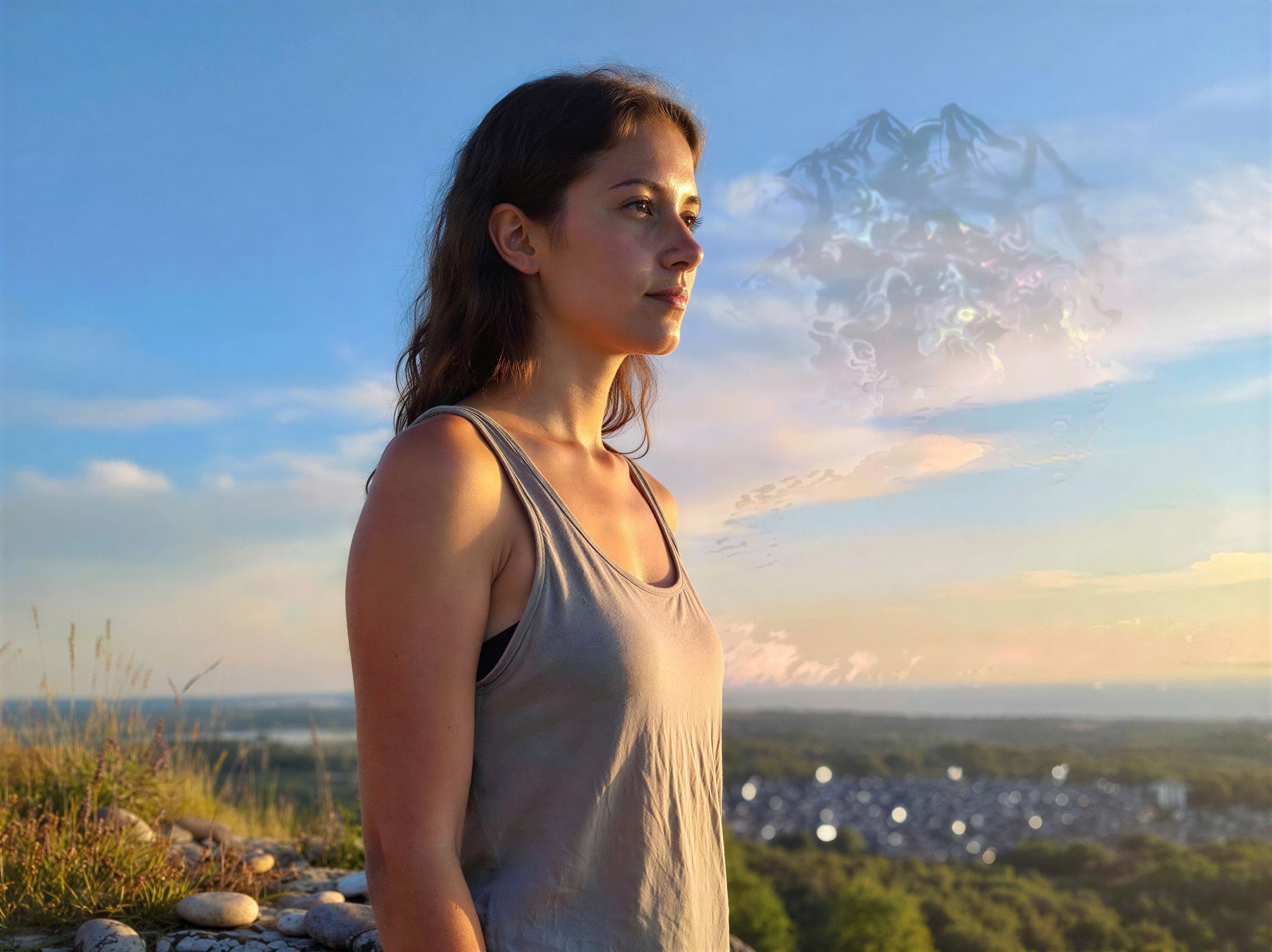 Young Woman in Gray Tank Top Against Blue Sky