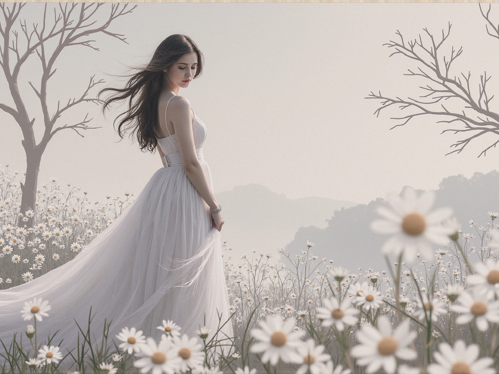 Young Woman in White Gown in Daisies Field