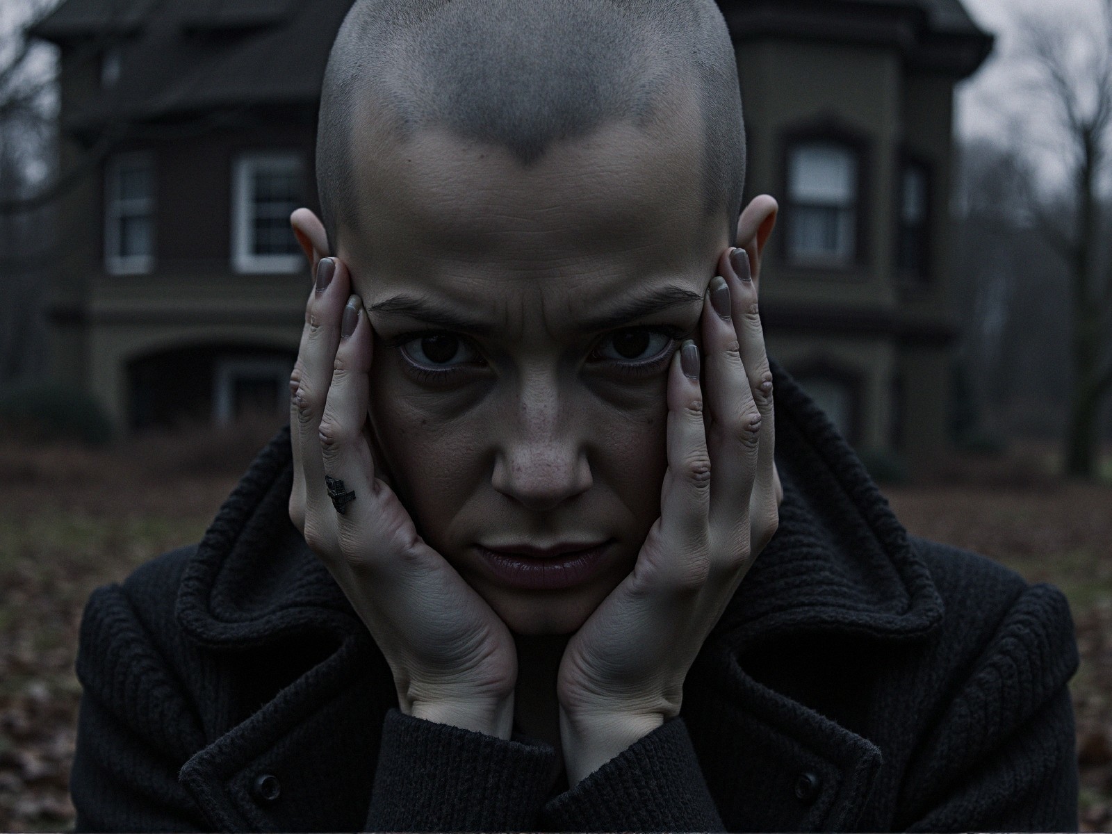 Person with shaved head shows distress outdoors