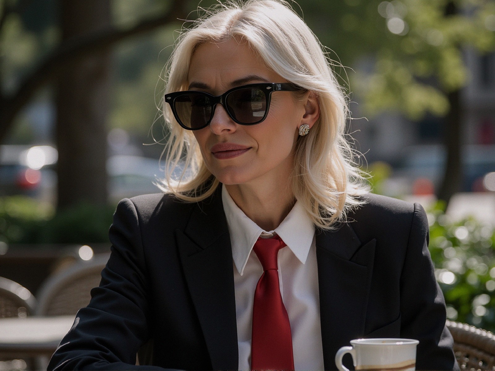 Stylish Woman in Black Suit and Sunglasses Outdoors