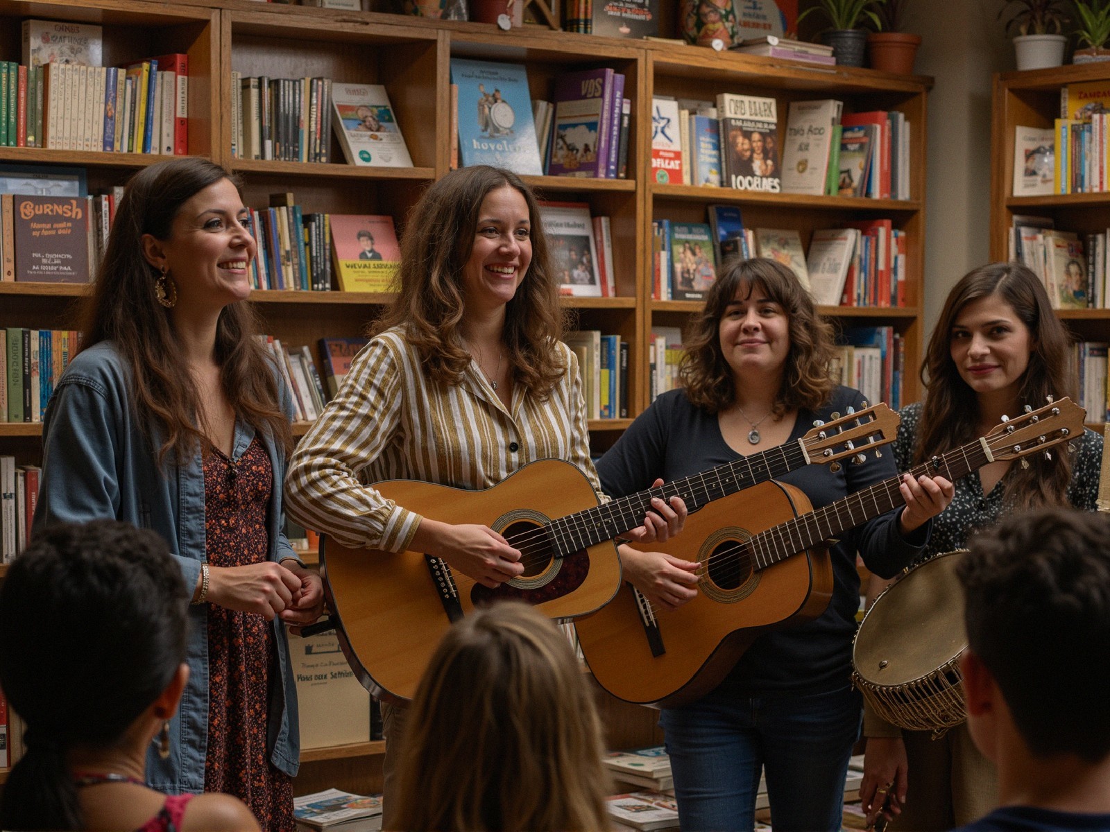 Women with Instruments in Cozy Bookstore Setting