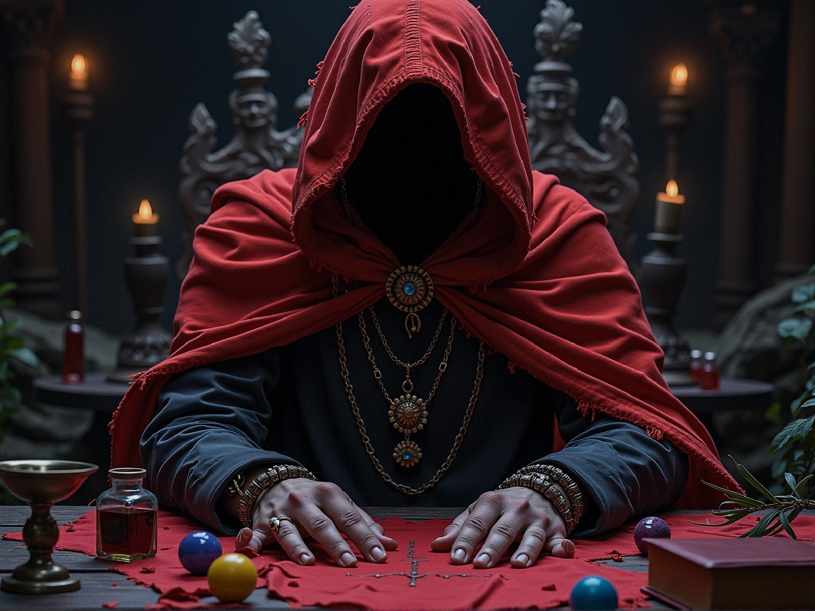 Cloaked Figure at Ornate Table with Mystical Items