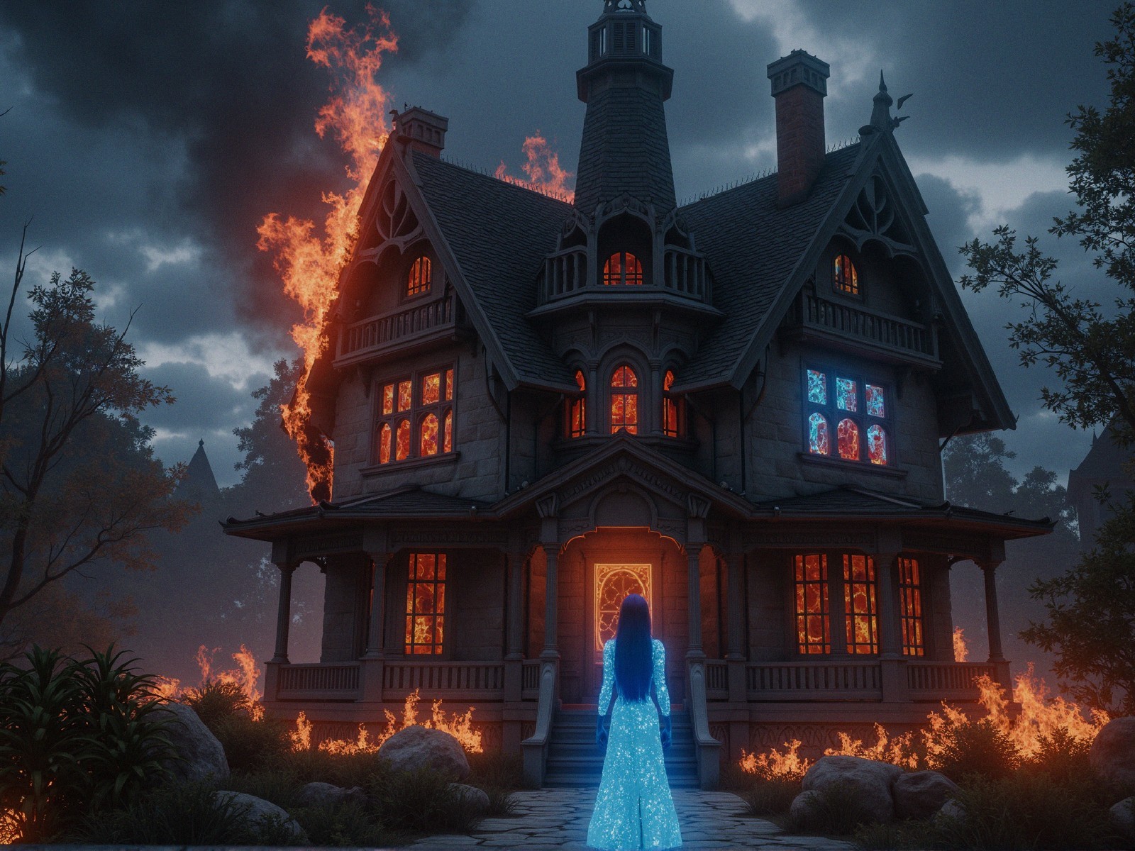 Mystical Scene of Figure by Burning Mansion