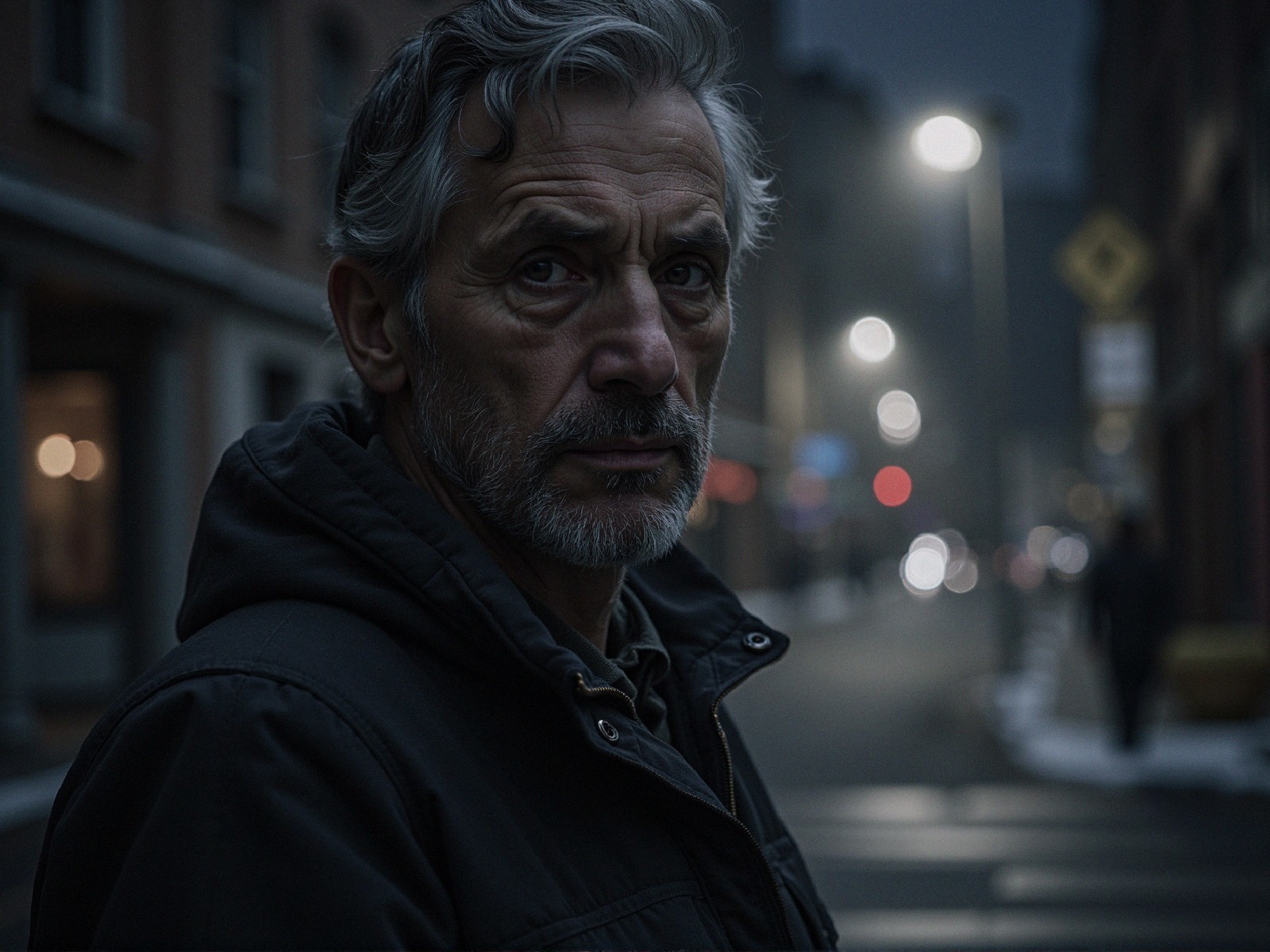 Middle-aged man in dark jacket on dim urban street