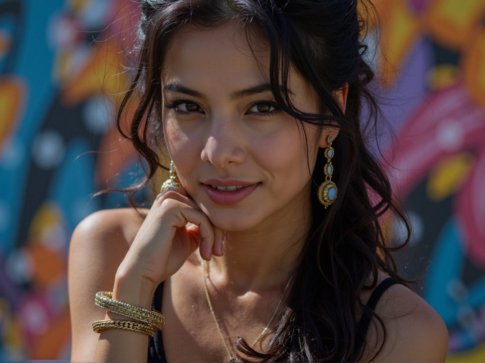 Young woman with dark hair and elegant accessories