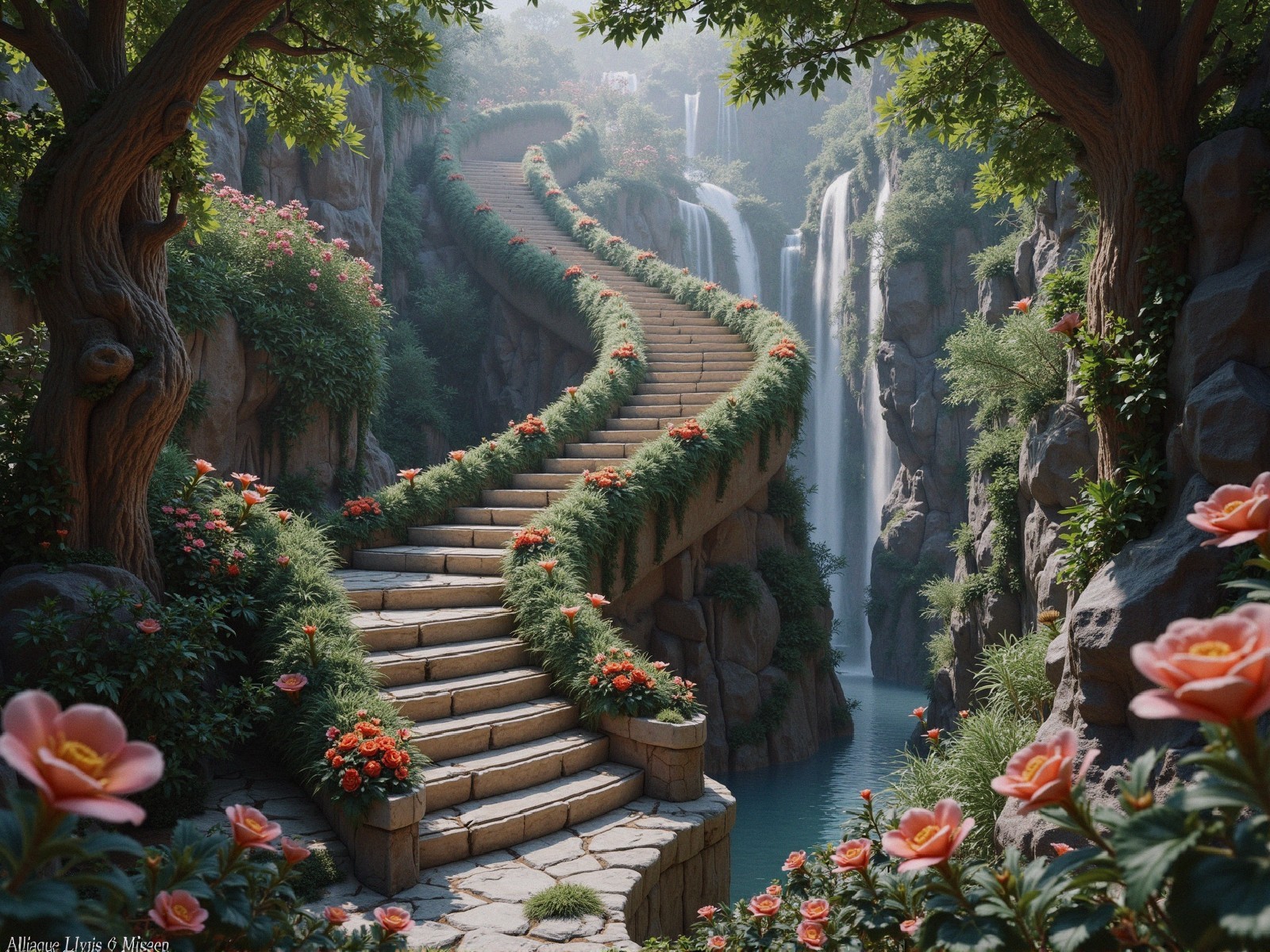 Winding Staircase Surrounded by Vibrant Nature