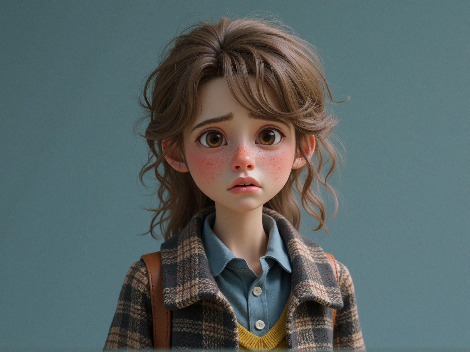 Young girl with curly hair and freckled face