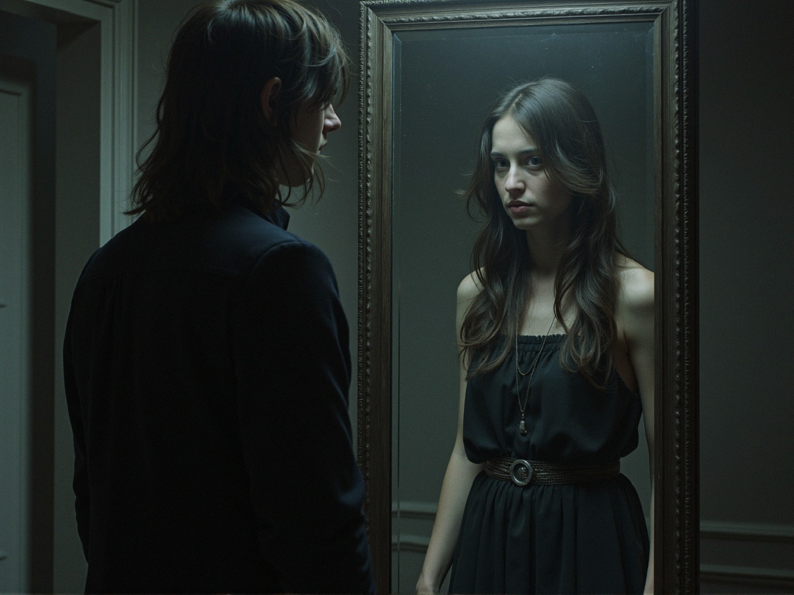 Young Woman in Black Dress Reflects in Ornate Mirror