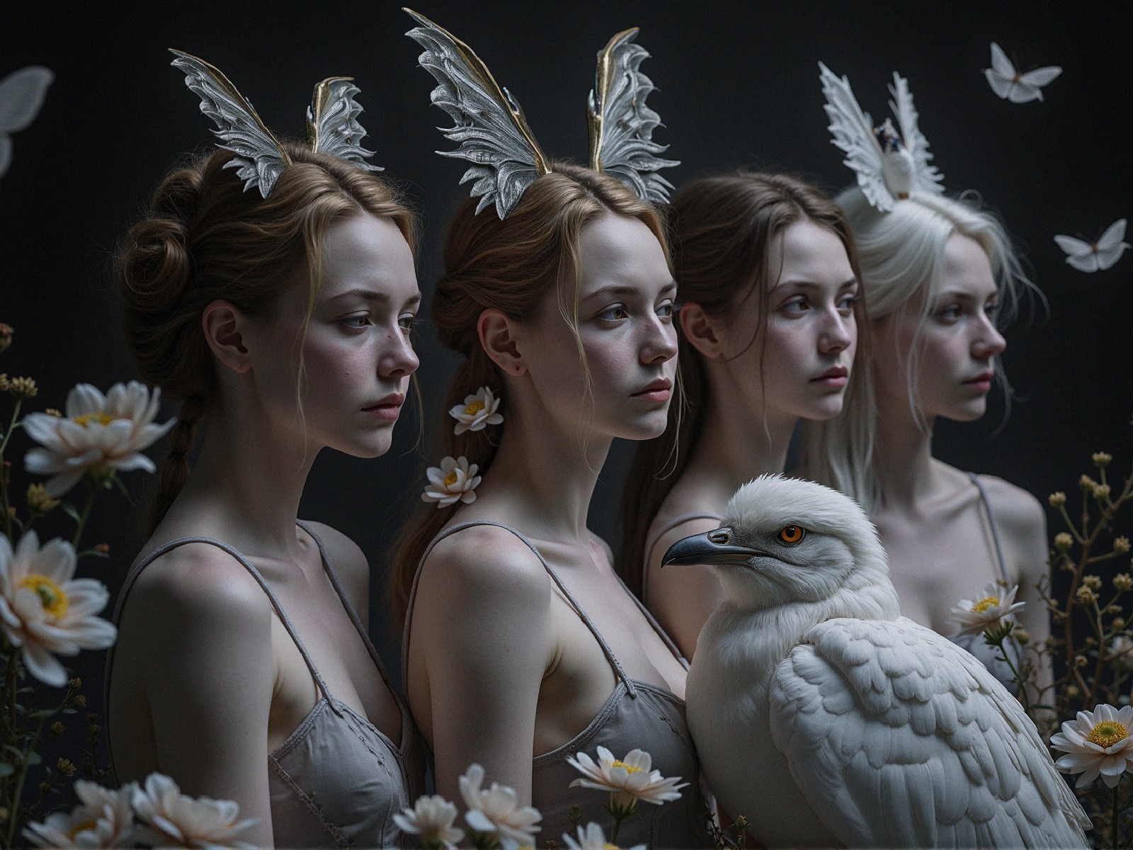 Surreal Portrait of Four Ethereal Figures in Darkness