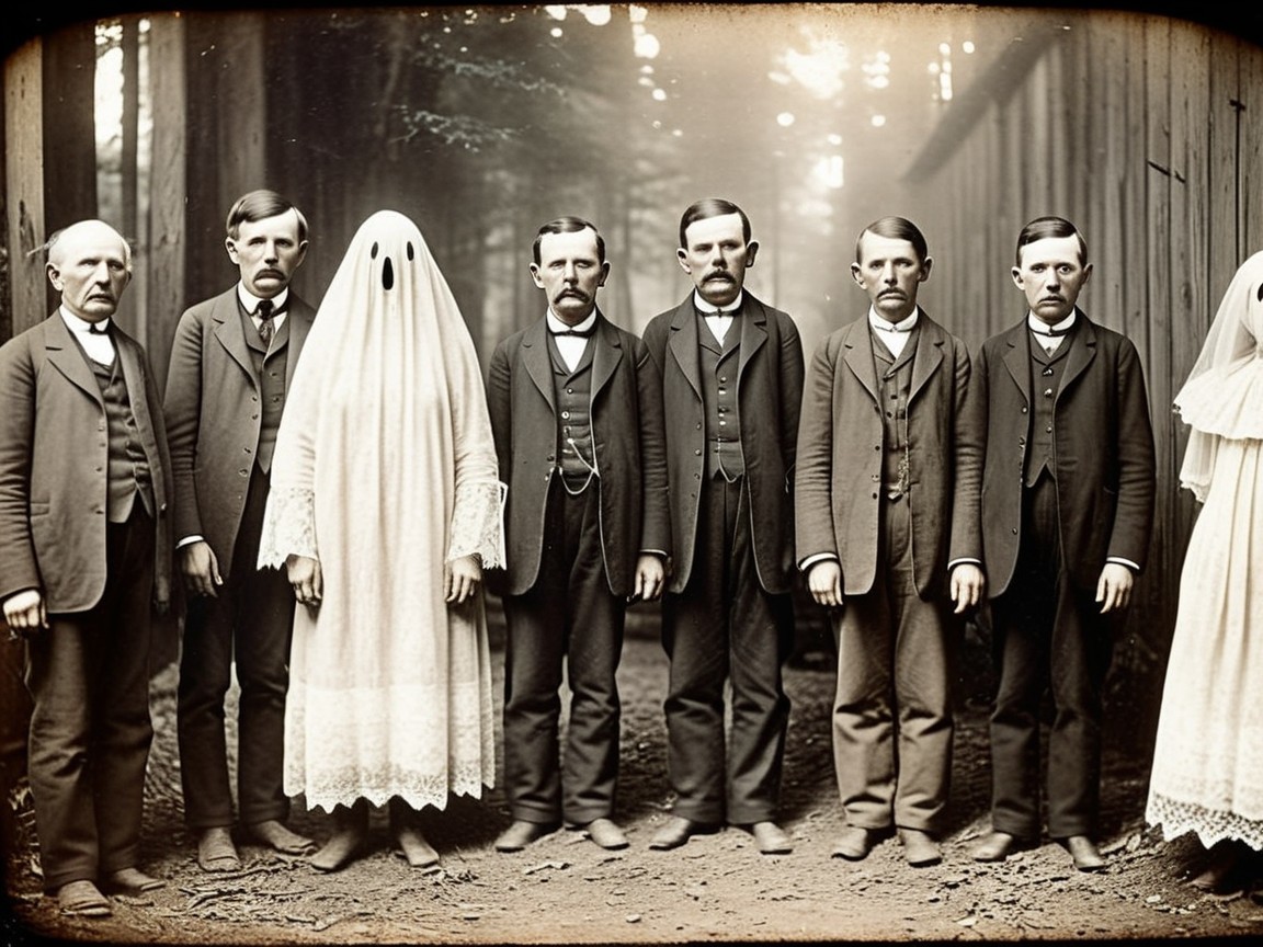 Black-and-white photo of men with ghostly figure in woods
