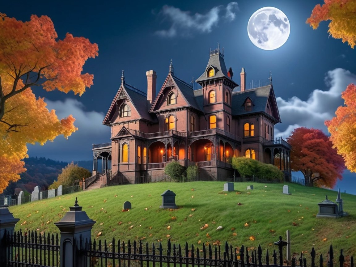Victorian Mansion on a Hill with Autumn Surroundings