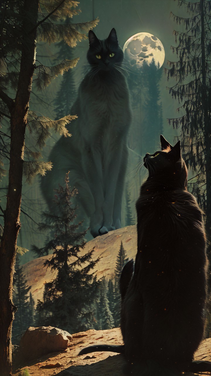 Mystical Forest with Black Cat and Ethereal Figure