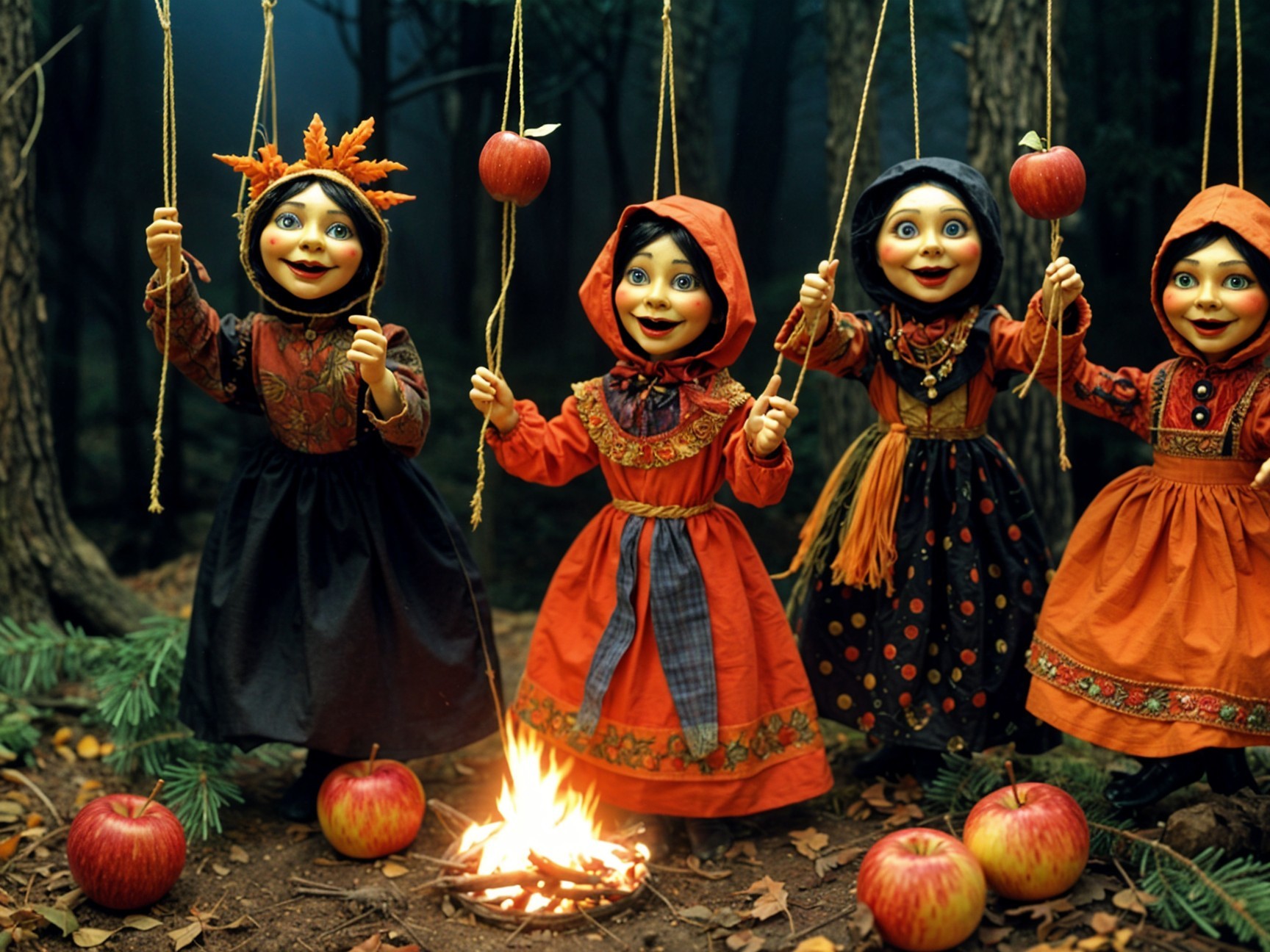 Whimsical dolls in vibrant costumes in a forest setting