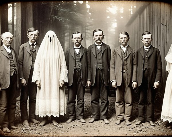 Black-and-white photo of men with ghostly figure in woods