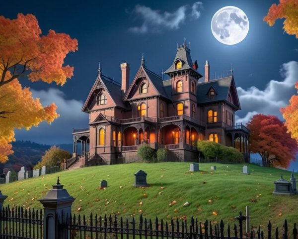 Victorian Mansion on a Hill with Autumn Surroundings