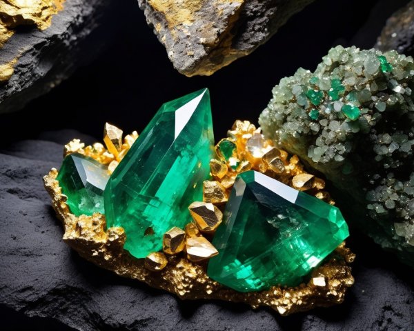 Emerald and Pyrite Crystal Arrangement on Dark Rock
