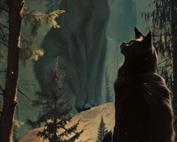 Mystical Forest with Black Cat and Ethereal Figure