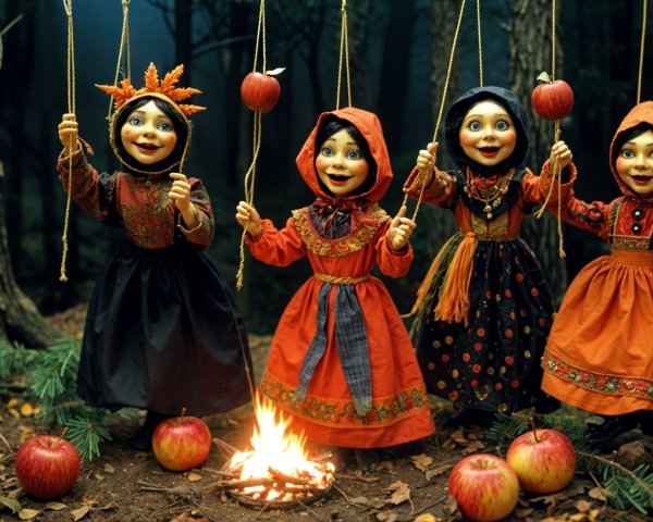 Whimsical dolls in vibrant costumes in a forest setting
