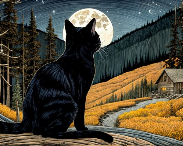 Black Cat on Log Under Full Moon in Starry Night