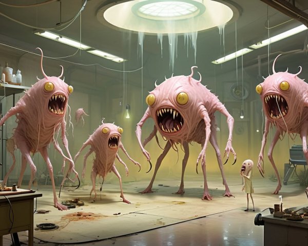 Grotesque Creatures in a Dimly Lit Laboratory Scene