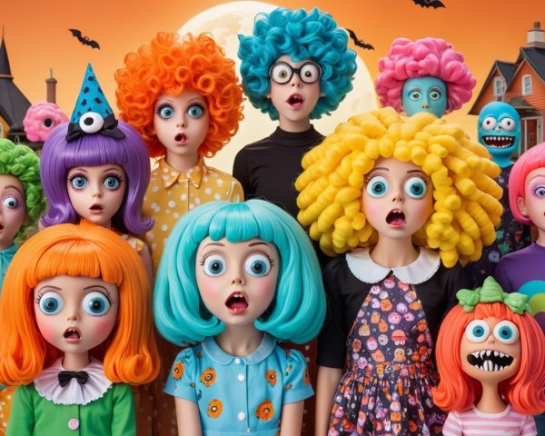 Colorful dolls with oversized heads in Halloween setting