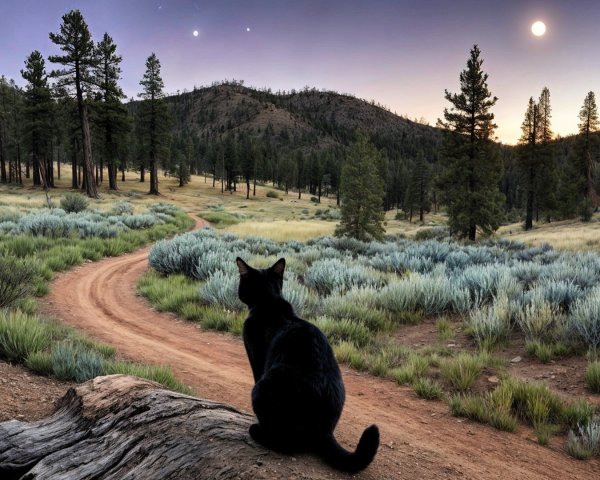 Black Cat on Log Overlooking Serene Dusk Landscape