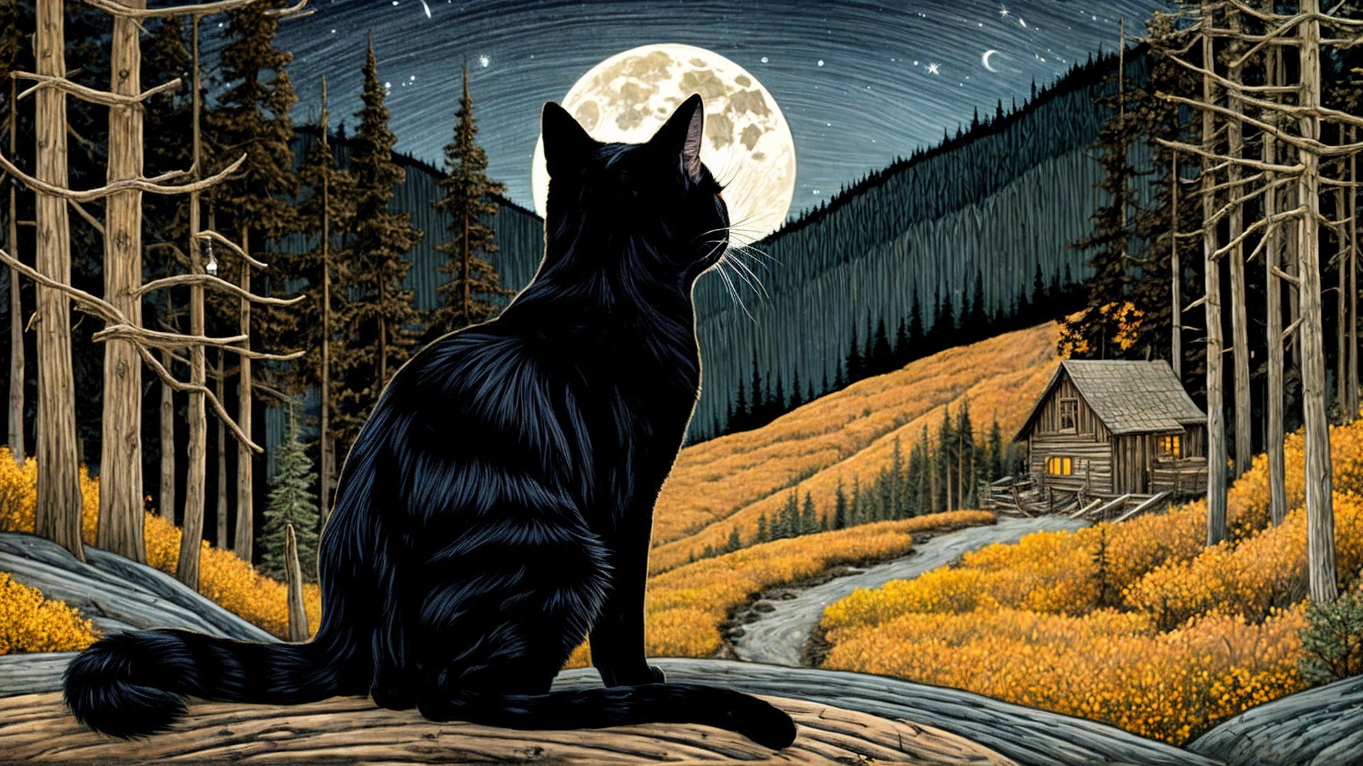 Black Cat on Log Under Full Moon in Starry Night